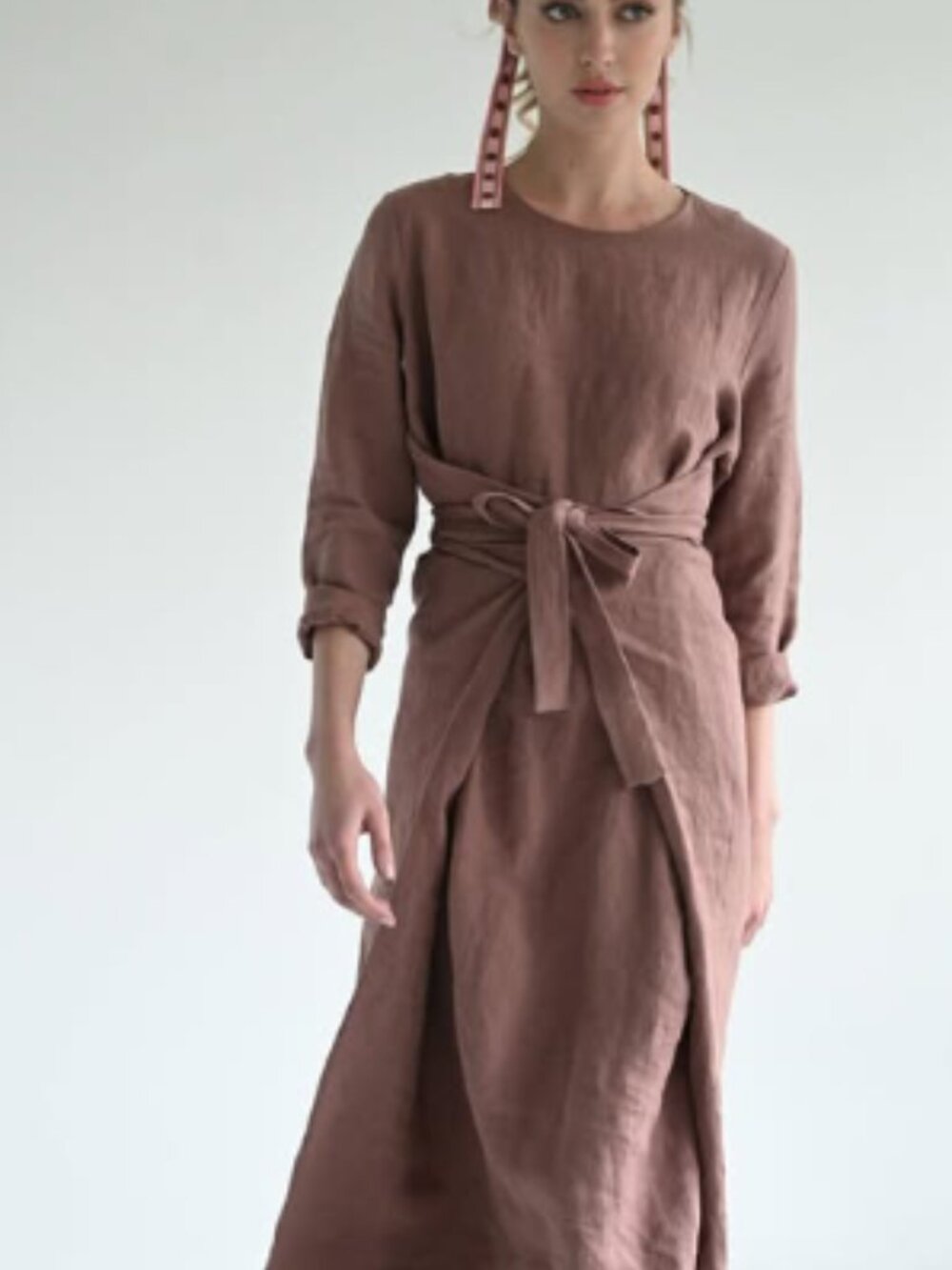 BYRD 100% Linen Dress Dusty Rose Mauve Tie Waist Long Sleeve Minimalist Boho S
